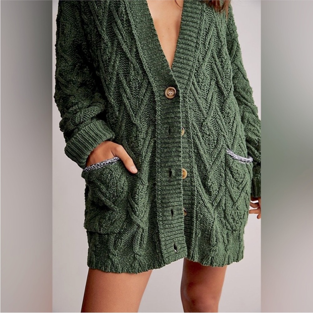 Free People Montana Cable Knit Cardigan in Olive Green - Size XS